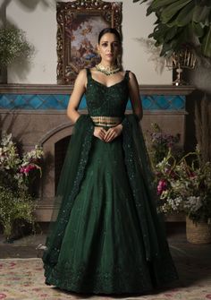 Megha & Jigar-Green Embroidered Lehenga Set-INDIASPOPUP.COM Dark Green Lehenga, Indian Reception Outfit, Satin Lehenga, Indian Reception, Bridesmaid Lehenga, Reception Outfit, Sabyasachi Lehenga