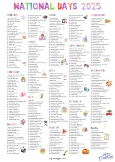 the national days list for kids with pictures and words on it, including names in different colors