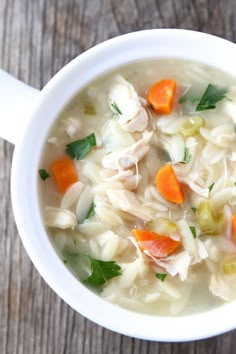 a bowl of chicken noodle soup with carrots and celery