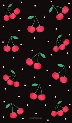 cherries with green leaves and dots on a black background, seamless wallpaper