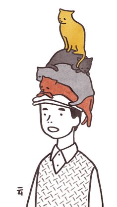 a drawing of a man wearing a hat with a cat on top of his head