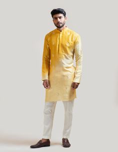 Ombre Yellow Embroidered Kurta Set Smriti - Fabilicious Fashion Haldi Dress For Groom, Haldi Ceremony Outfit For Men, Yellow Haldi Outfit, Traditional Dresses Indian, White Cotton Pants, Haldi Ceremony Outfit, Yellow Kurti, Haldi Outfits