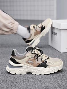 Men's Minimalist Mesh Patchwork Contrast Color Double Strap Thick Sole Casual Sneakers, Fashionable Versatile Sporty Breathable Comfortable Daily & Outdoor Running Shoes Beige         Men Shoes, size features are:Bust: ,Length: ,Sleeve Length: Dad Shoe, Plateau Sneaker, Beige Sneakers, Old School Style, Men's Athletic Shoes, Lightweight Running Shoes, Chunky Shoes, Dad Shoes, Sole Sneakers