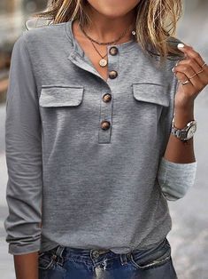 Gray Casual Plain Daily Long Sleeve Blouse Long Sleeve Tops Casual, Feminine Design, Black White Pink, Pink Tshirt, Boho Stil, Online Tops, Summer 2024, Top Casual, Casual T Shirts