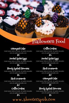 a flyer for halloween food with cupcakes on it