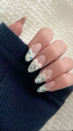 Fancy French Tip Nails Almond, Bow And Flower Nails, Artwork Nails, Detailed Nails, Stone Nails, Cute Simple Nails, Nagel Tips, Girly Acrylic Nails, Pretty Gel Nails