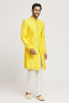 Yellow sherwani with floral tonal, dori embroidery and sequin highlights. Comes with cream pant. - Aza Fashions Festive Bandhgala With Gota Work For Reception, Bandhgala With Gota Work For Diwali Reception, Diwali Reception Bandhgala With Gota Work, Bandhgala For Reception With Gota Work For Diwali, Designer Wear Sherwani With Gota Work And Straight Kurta, Designer Sherwani With Gota Work In Straight Kurta Style, Straight Kurta Sherwani With Gota Work, Designer Sherwani With Gota Work, Straight Kurta, Elegant Bandhgala With Gota Work For Reception