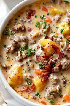 a white bowl filled with meat and potato soup on top of a table next to a napkin