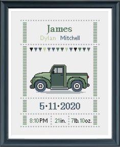 a cross stitch pattern with a green truck in the middle and date on it's side