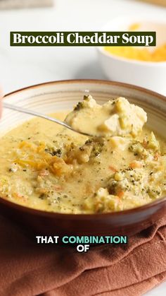 broccoli cheddar soup in a bowl with a spoon