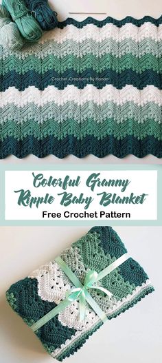 crochet granny ripple baby blanket with green and white stripes on the bottom, along with a free crochet pattern