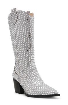 A classic Western boot goes glam with allover rhinestones that sparkle and shine, while a block heel and snip toe maintain classic cowboy style. 2 3/4" heel 9 1/2" shaft; 14 3/4" calf circumference Inset side-zip closure Textile upper/synthetic lining and sole Imported Classic Cowboy, Western Boots Women, Cowboy Style, Western Boot, Sparkle And Shine, Nordstrom Store, Western Boots, Boot Shoes Women, Betsey Johnson