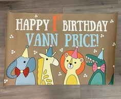 a birthday card with three cartoon animals and the words happy 1st birthday vann price