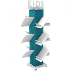 a tall blue book stand with white books on it's sides and the words kids above them