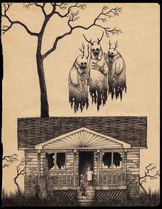 an old house with three bears hanging from the roof and two people standing on the porch