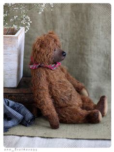 a brown teddy bear sitting on top of a table next to a potted plant