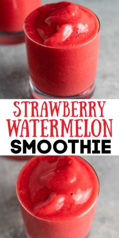 strawberry watermelon smoothie in two glasses with strawberries on the side and text overlay that reads, strawberry watermelon smoothie