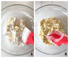 two pictures showing how to make dough in a glass bowl with a red spatula