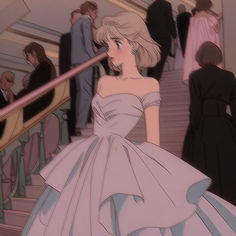 a woman in a white dress is walking down the stairs with other people behind her