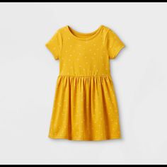 Cat & Jack Toddler Girls' Printed Knit Short Sleeve Dress Dark Yellow Size 4t New With Tags Attached Hanger Included Soft Knit Comfy Playful Yellow Short Sleeve Dress, Fitted Yellow Dress For Playtime, Casual Yellow Dress For Playtime, Knit Short, Dark Yellow, Girls Toddler, Pullover Designs, Size 4t, Knit Shorts