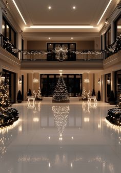 a christmas tree is in the middle of a large room with lights on both sides