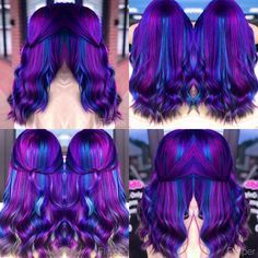 Magenta Purple And Blue Hair, Unique Hair Dye Patterns, Red Purple Blue Hair, Neon Hairstyles, Fire Ombre Hair, Galaxy Hair Color, Neon Hair Color, Exotic Hair Color, Blue Hair Highlights