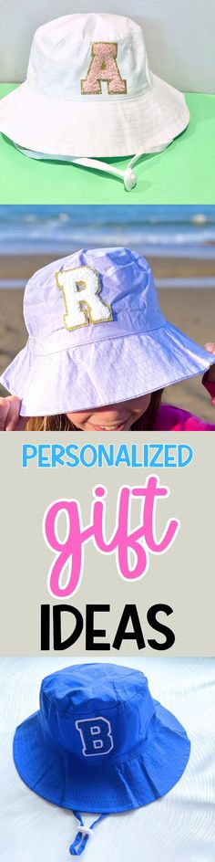 three different hats with the words personalized gift ideas written on them and two pictures of children's hats