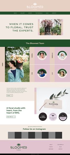 the homepage for bloomed is shown in pink, green and white colors with an image