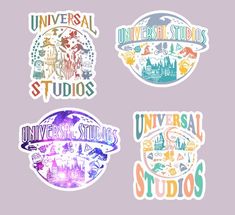 four stickers with the words universal studios on them