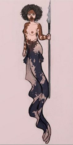 a drawing of a naked woman holding a spear and wearing tights with paint splattered on her body