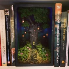 a book shelf filled with books and a miniature tree in the middle surrounded by other books