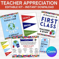 teacher appreciation printable kit with the words, first class and an airplane on it