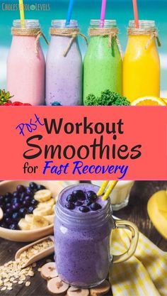 the words workout smoothies for fast recovery are in front of some fruit and vegetables