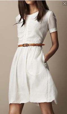 White gathered waist dress, Burberry style. Leather belt. Stitch fix 2016 Summer Womens Fasion, White Linen Dresses, French Chic, Looks Style, Smart Casual, Look Fashion, Cotton Dresses, Spring Summer Fashion, Hands On