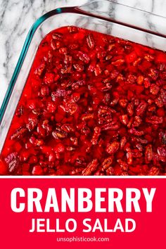 cranberry jello salad in a glass casserole dish with text overlay