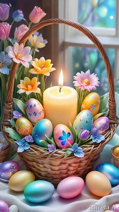 a basket filled with lots of eggs next to a lit candle and some colorful flowers