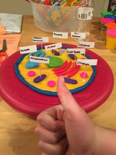 a finger pointing at a cake with candy on it and name tags in the middle