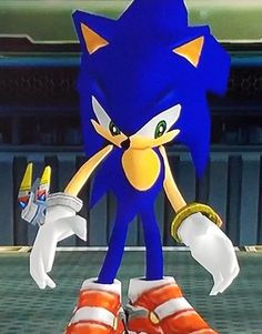 the sonic character is wearing red and white shoes