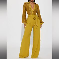 Brand New Never Worn With Tags. Inseam = 33” Stretch 95% Polyester 5% Spandex Tie Waist Wide Leg Chartreuse Fashion, Flower Jumpsuit, Fashion Nova Jumpsuit, Leather Skirt Outfit, Yellow Jumpsuit, Money Moves, Wide Leg Romper, Boho Romper, Backless Jumpsuit