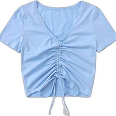 Spring Drawstring Short Sleeve Tops, Spring Short Sleeve Tops With Drawstring, Casual V-neck Top With Drawstring, V-neck Drawstring Top For Spring, Spring V-neck Drawstring Top, Spring V-neck Top With Drawstring, Casual Blue Top With Drawstring, Blue Ruched Short Sleeve Top, Blue Ruched Tops For Spring