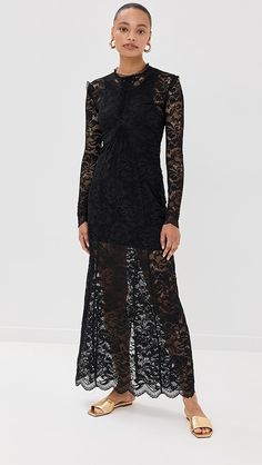 rabanne Long Dress in Lace | Shopbop Long Lace Dress, Draped Blouse, High Neck Blouse, Pleated Blouse, Lace Dress Long, Black Lace Tops, Lace Dress Black, Lace Crop Tops, Paco Rabanne