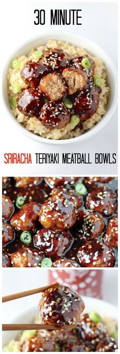 Healthy 30 Minute Sriracha Teriyaki Meatball Bowls - SO amazing! This quick and easy dinner is packed with delicious flavor! A must make! Meatball Bowls, Teriyaki Meatballs, Pictures Of Food, Gluten Free Snacks, Easy Food, Sriracha, Clean Recipes, I Love Food, Yummy Dinners