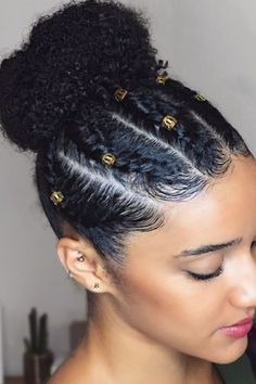 School Hairstyles Medium Length, Hairstyles For Black Girls Teens, Natural Hairstyles For Black Teens, Natural Hairstyles With Beads, Natural Hair Buns, Cute Hairstyles Natural, Hairstyles For Black Teens, Gold Hair Cuffs, Natural Hairstyles For School