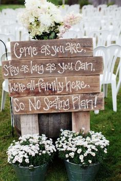 a wooden sign that says come as you make, stay as long as you can, we're all family here so no selling plant