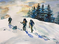 watercolor painting of three skiers going up a snowy hill with trees in the background