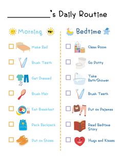 a printable daily routine for kids with bedtime items on the top and bottom