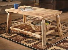 a wooden table with baskets on it and a rug in front of the coffee table