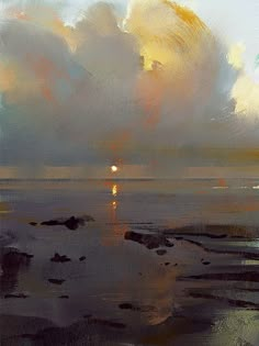 an oil painting of the sun setting over the ocean