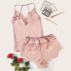 Material: Polyester Collar: Spaghetti Strap Sleeve Length(cm): Sleeveless Length: Shorts Fabric: Fabric has no stretch Decoration: Frill Bra Type: Wireless Panty Type: Shortie Details: Contrast Lace Pajamas For Teens, Dress Sleepwear, Satin Cami Top, Satin Sleepwear, Short Pj Set, Satin Cami, Satin Pyjama Set, Satin Pajamas, Lace Fashion