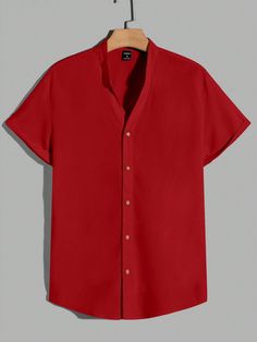 Vermelho Casual Collar Manga Curta Tecido Simples Camisa Embellished Não elástico Cheap Semi-formal Dress Shirt, Red Shirt Outfits, Red Short Sleeve Shirt, Red Shirt Men, Red Button Up Shirt, Korean Shirt, Shein Men, Blouse Man, Plain Shirt